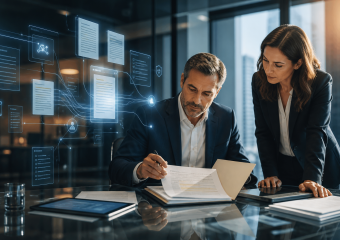 A man reviews documents with a woman beside him, alongside digital interfaces representing connected document management