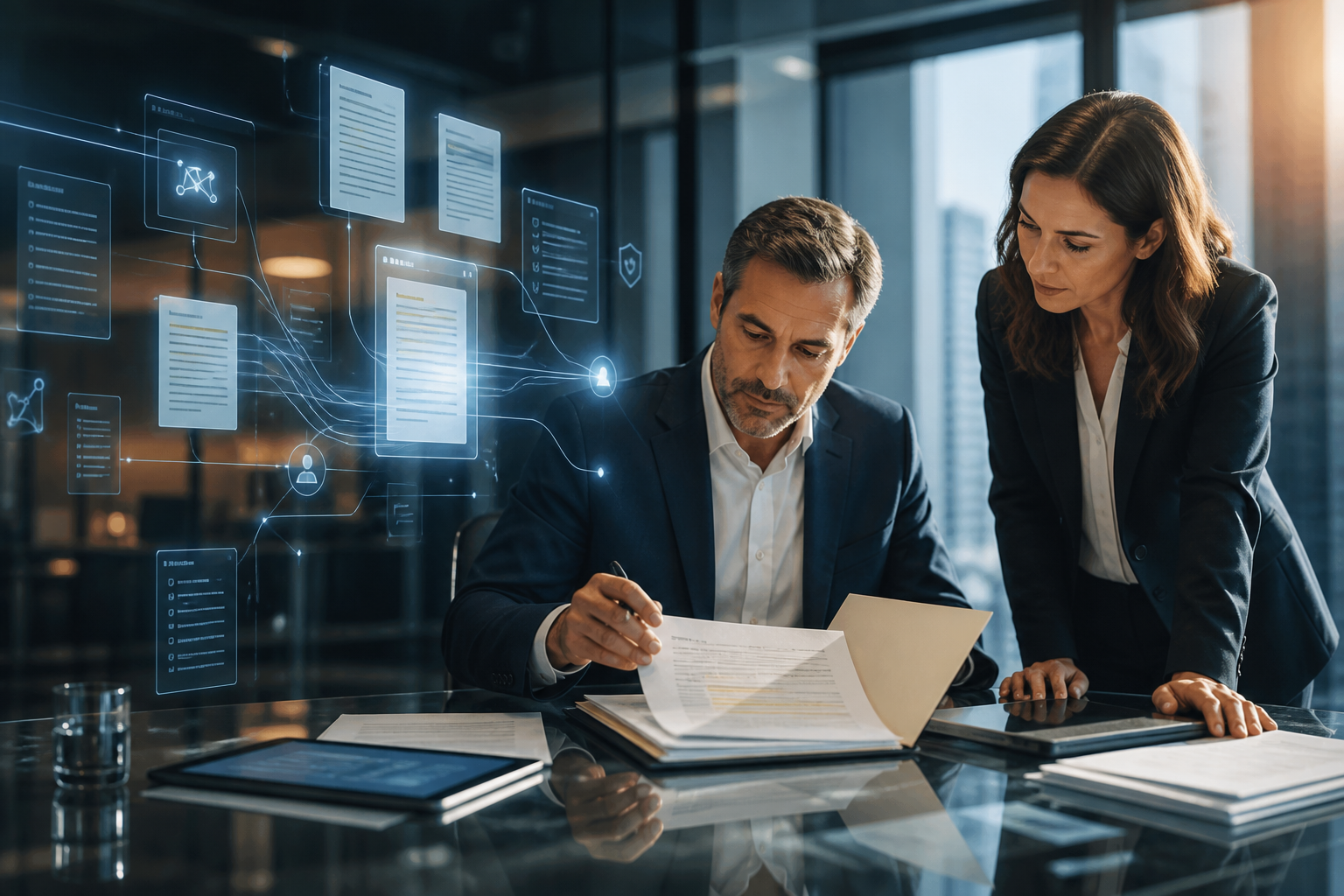 A man reviews documents with a woman beside him, alongside digital interfaces representing connected document management