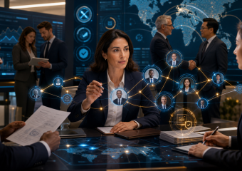 Business team collaborating around a table, with digital graphics showing global connections, profiles, and security verification