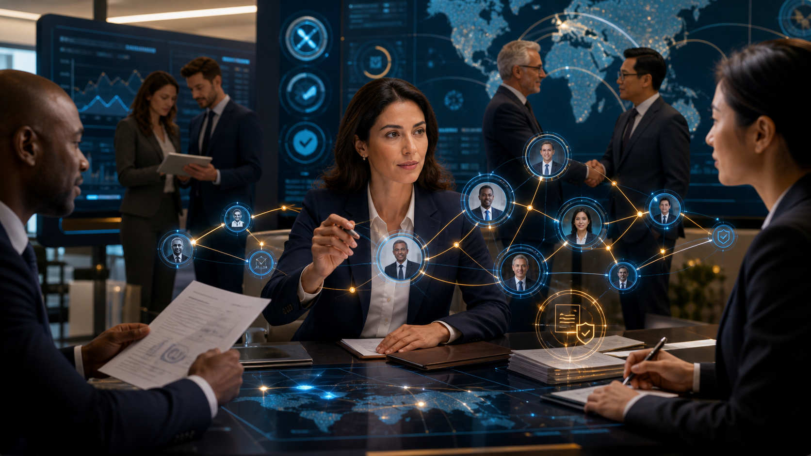Business team collaborating around a table, with digital graphics showing global connections, profiles, and security verification