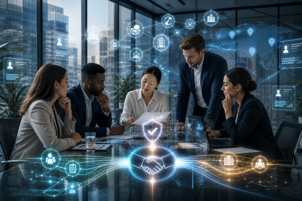 Business team reviewing documents around a table, surrounded by digital icons representing secure partnerships and global connectivity