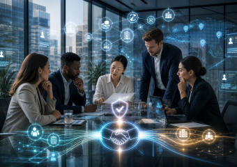 Business team reviewing documents around a table, surrounded by digital icons representing secure partnerships and global connectivity